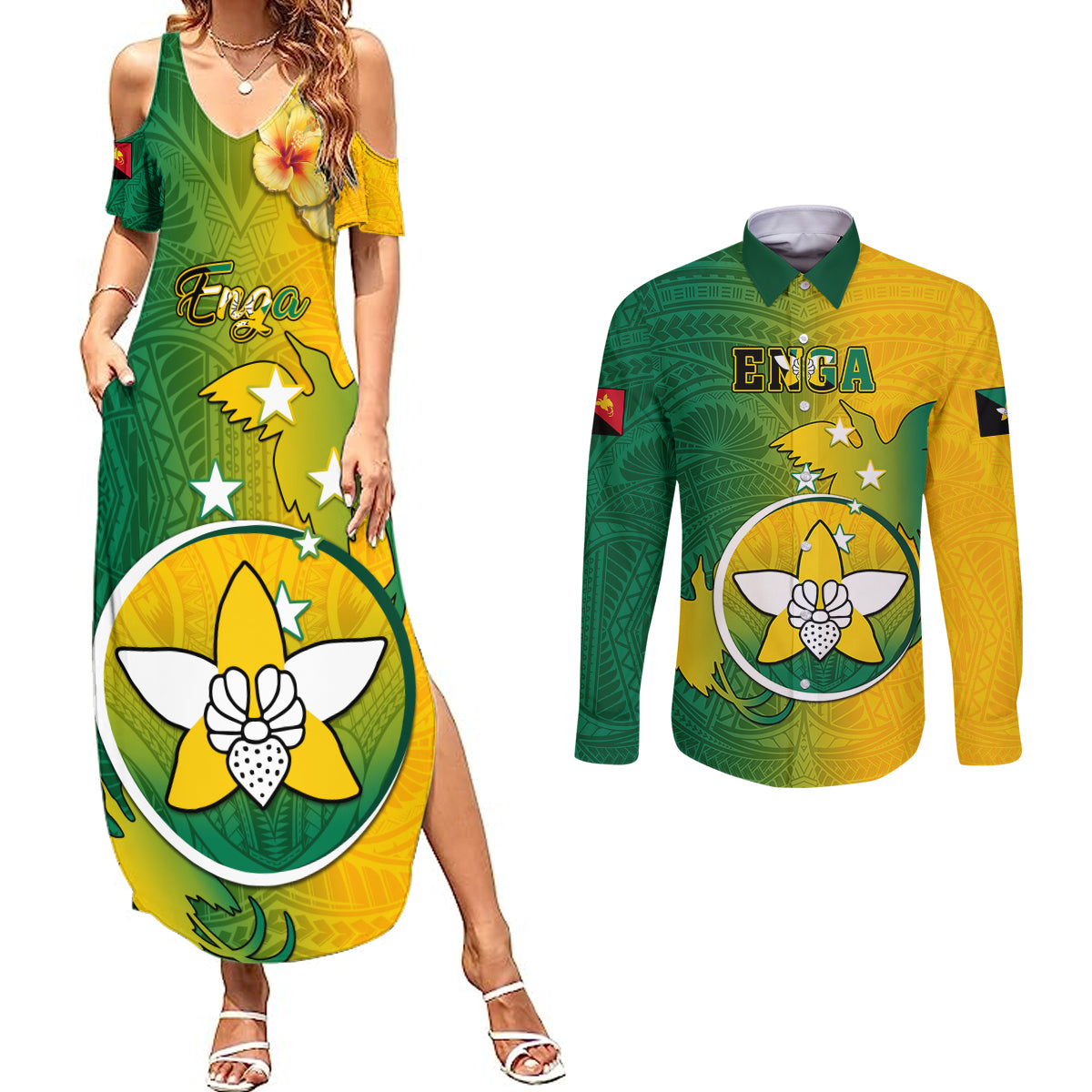 Papua New Guinea Enga Province Couples Matching Summer Maxi Dress and Long Sleeve Button Shirts Mix Coat Of Arms Polynesian Pattern LT05 Green - Polynesian Pride