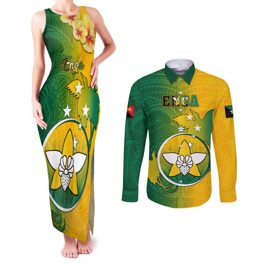 Papua New Guinea Enga Province Couples Matching Tank Maxi Dress and Long Sleeve Button Shirts Mix Coat Of Arms Polynesian Pattern LT05 Green - Polynesian Pride