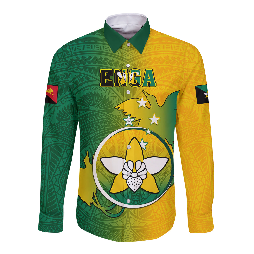 Papua New Guinea Enga Province Long Sleeve Button Shirt Mix Coat Of Arms Polynesian Pattern LT05 Unisex Green - Polynesian Pride