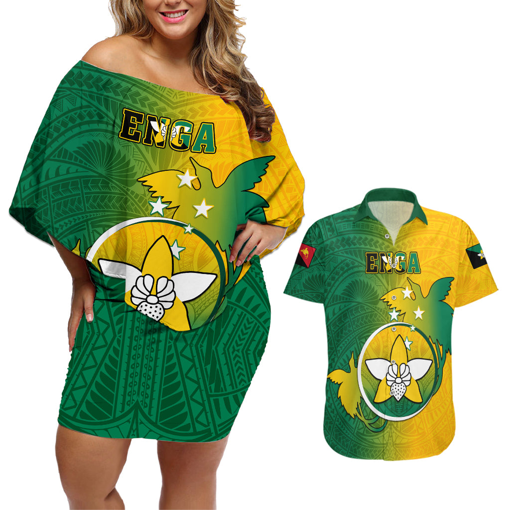 Personalized Papua New Guinea Enga Province Couples Matching Off Shoulder Short Dress and Hawaiian Shirt Mix Coat Of Arms Polynesian Pattern LT05 Green - Polynesian Pride