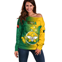 Personalized Papua New Guinea Enga Province Off Shoulder Sweater Mix Coat Of Arms Polynesian Pattern LT05 Women Green - Polynesian Pride