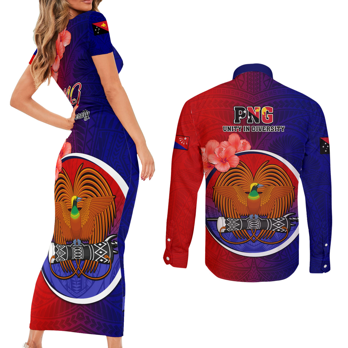 Papua New Guinea Central Province Couples Matching Short Sleeve Bodycon Dress and Long Sleeve Button Shirts Mix Coat Of Arms Polynesian Pattern LT05 - Polynesian Pride