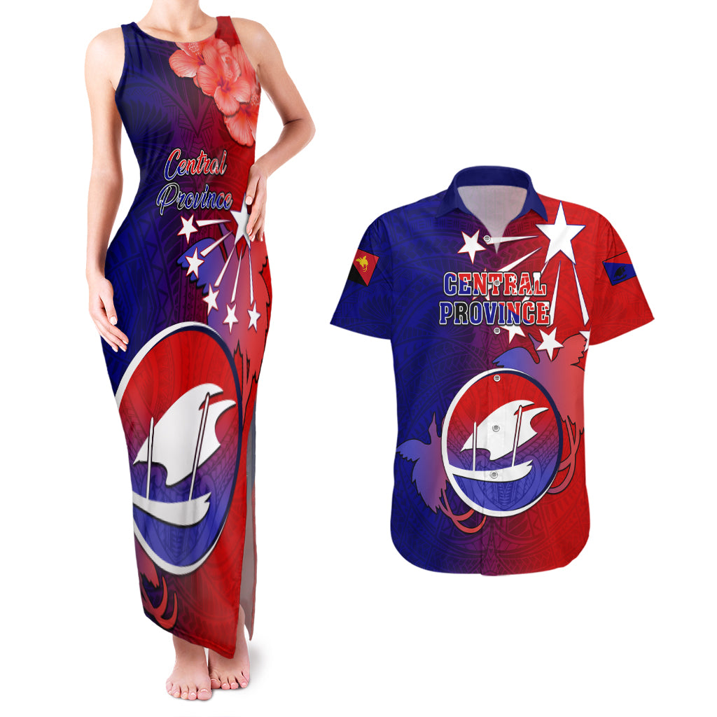 Papua New Guinea Central Province Couples Matching Tank Maxi Dress and Hawaiian Shirt Mix Coat Of Arms Polynesian Pattern LT05 Blue - Polynesian Pride