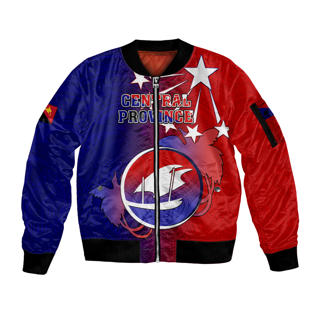 Papua New Guinea Central Province Sleeve Zip Bomber Jacket Mix Coat Of Arms Polynesian Pattern LT05 Unisex Blue - Polynesian Pride