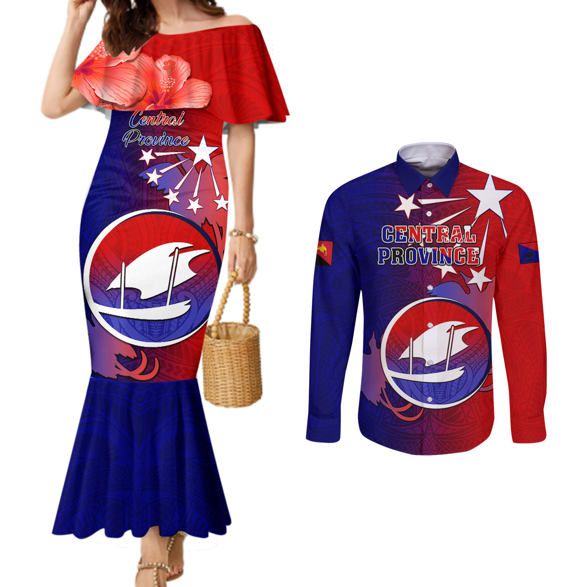 Personalized Papua New Guinea Central Province Couples Matching Mermaid Dress and Long Sleeve Button Shirts Mix Coat Of Arms Polynesian Pattern LT05 Blue - Polynesian Pride