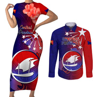 Personalized Papua New Guinea Central Province Couples Matching Short Sleeve Bodycon Dress and Long Sleeve Button Shirts Mix Coat Of Arms Polynesian Pattern LT05 Blue - Polynesian Pride