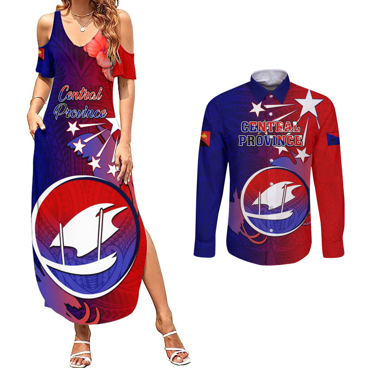 Personalized Papua New Guinea Central Province Couples Matching Summer Maxi Dress and Long Sleeve Button Shirts Mix Coat Of Arms Polynesian Pattern LT05 Blue - Polynesian Pride