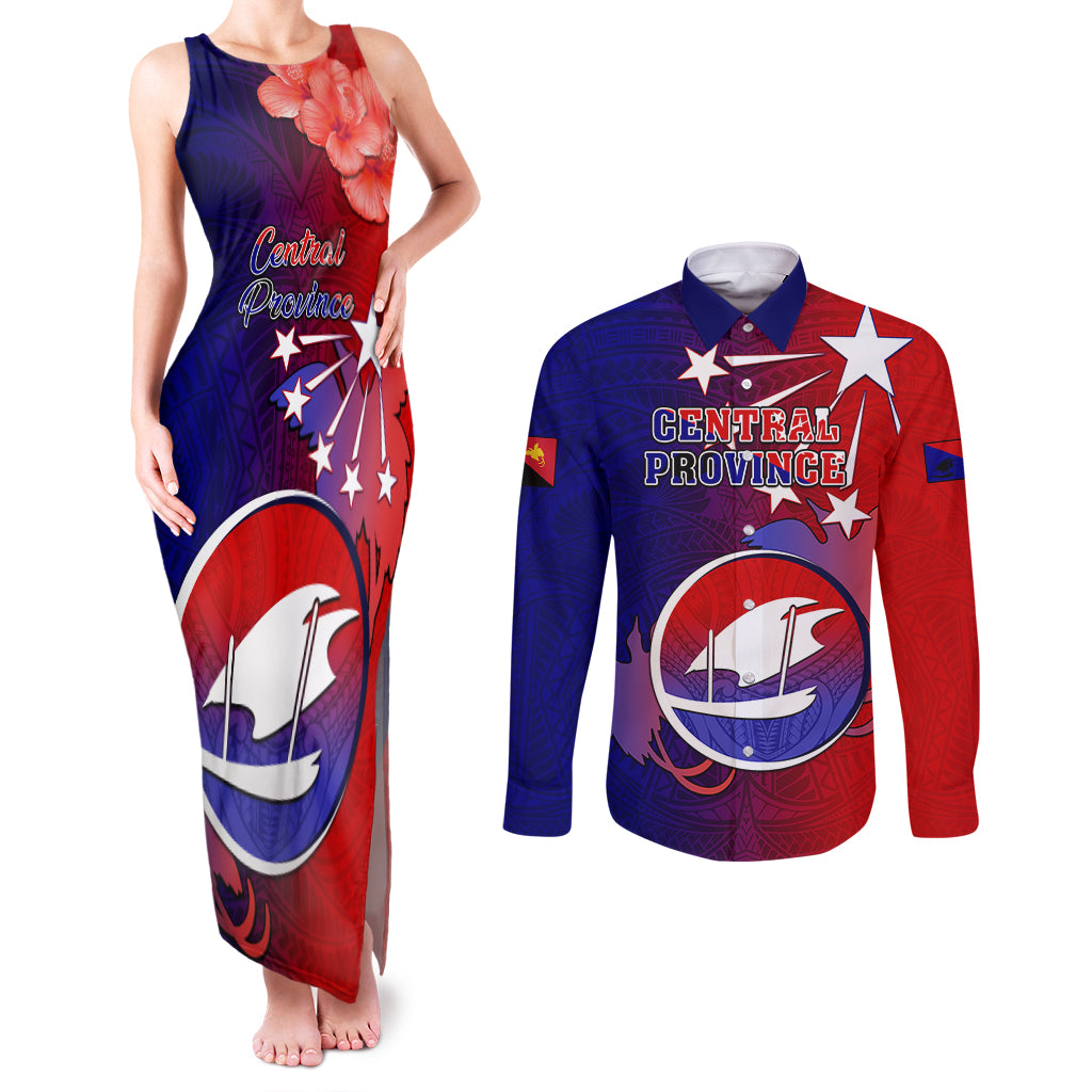 Personalized Papua New Guinea Central Province Couples Matching Tank Maxi Dress and Long Sleeve Button Shirts Mix Coat Of Arms Polynesian Pattern LT05 Blue - Polynesian Pride