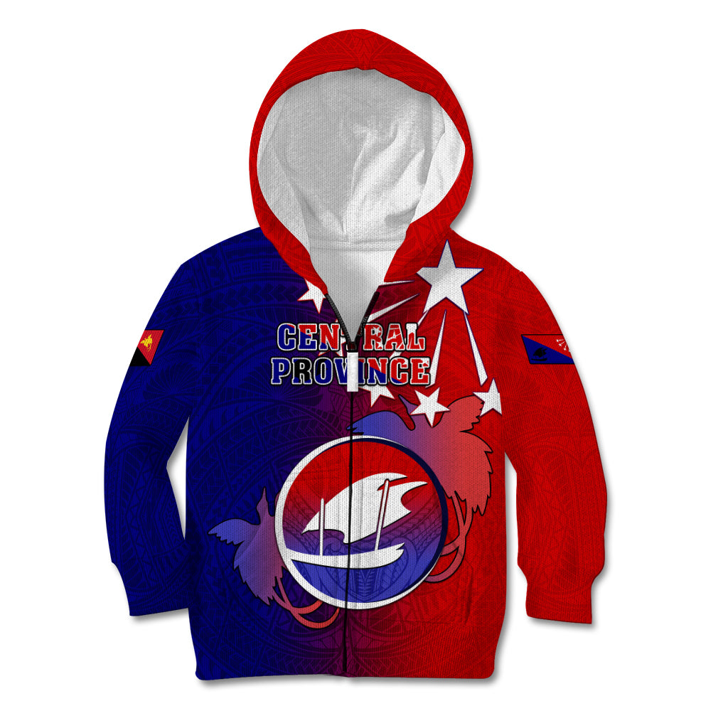 Personalized Papua New Guinea Central Province Kid Hoodie Mix Coat Of Arms Polynesian Pattern LT05 Zip Hoodie Blue - Polynesian Pride