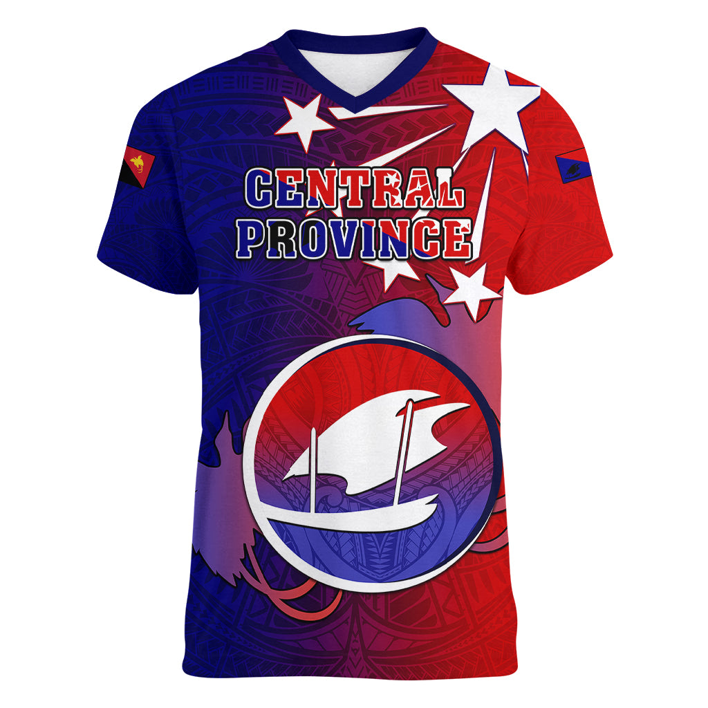 Personalized Papua New Guinea Central Province Women V Neck T Shirt Mix Coat Of Arms Polynesian Pattern LT05 Female Blue - Polynesian Pride