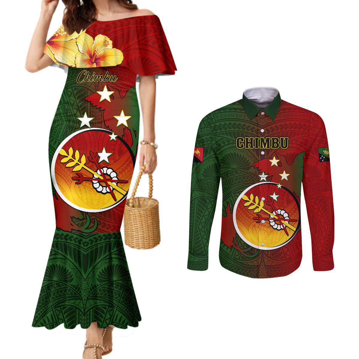 Papua New Guinea Chimbu Province Couples Matching Mermaid Dress and Long Sleeve Button Shirts Mix Coat Of Arms Polynesian Pattern LT05 Red - Polynesian Pride