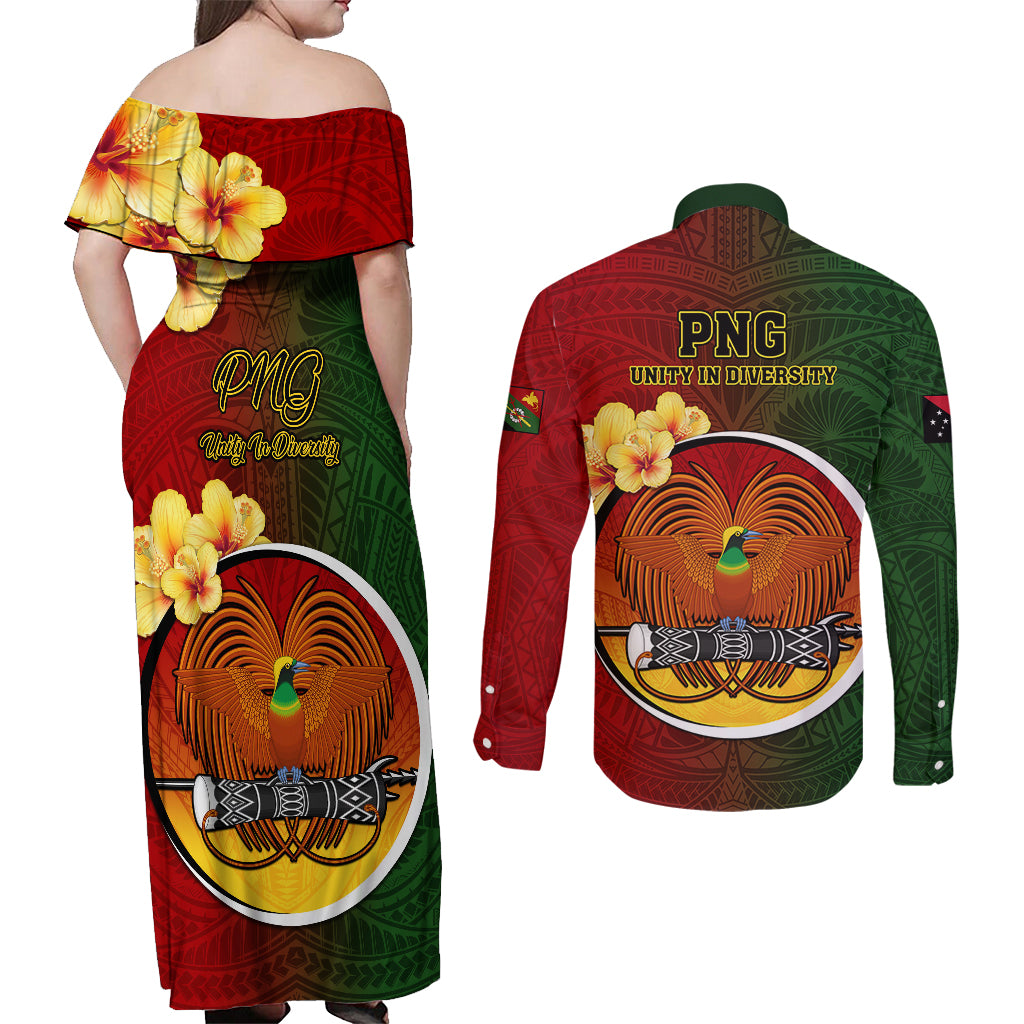 Papua New Guinea Chimbu Province Couples Matching Off Shoulder Maxi Dress and Long Sleeve Button Shirts Mix Coat Of Arms Polynesian Pattern LT05 - Polynesian Pride