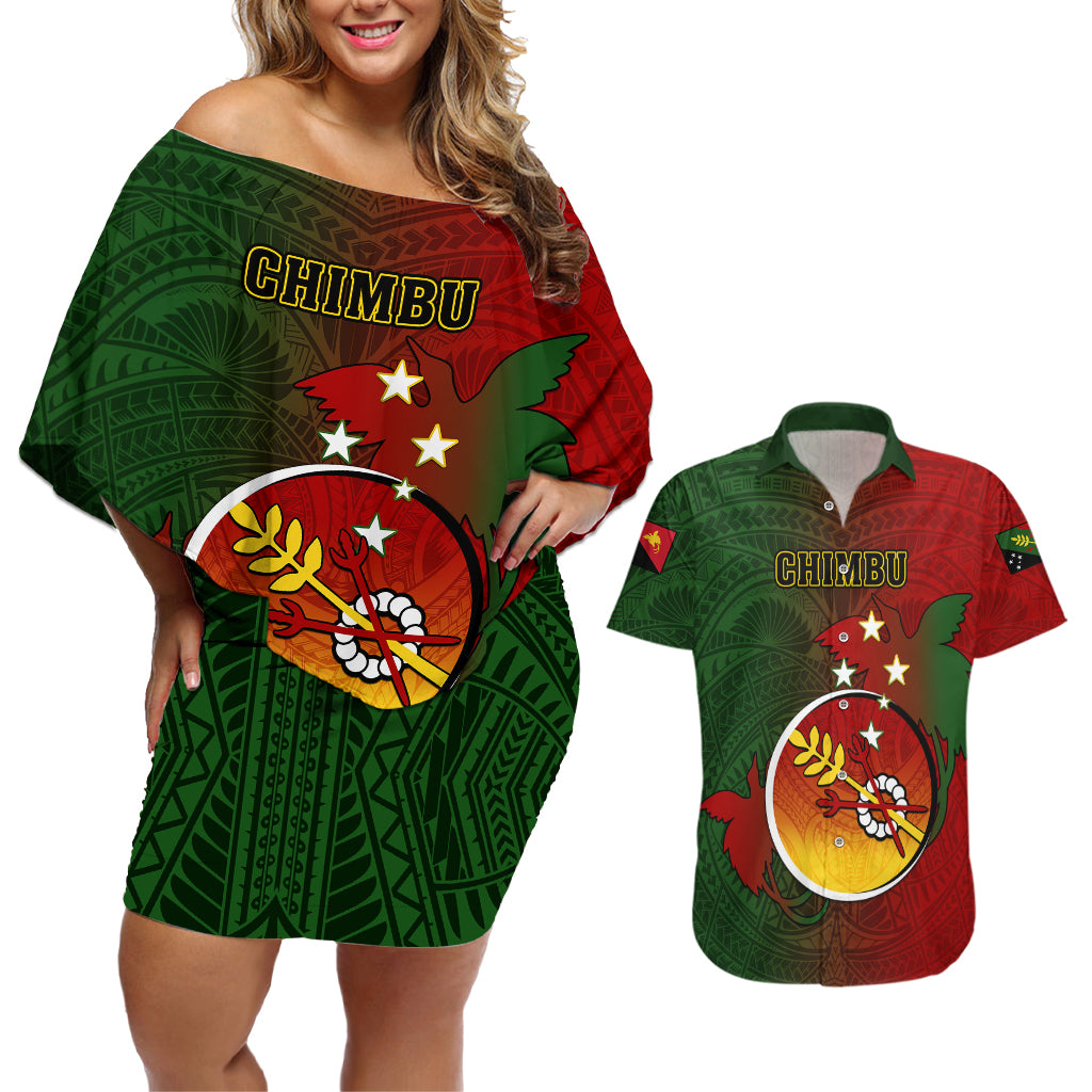 Papua New Guinea Chimbu Province Couples Matching Off Shoulder Short Dress and Hawaiian Shirt Mix Coat Of Arms Polynesian Pattern LT05 Red - Polynesian Pride