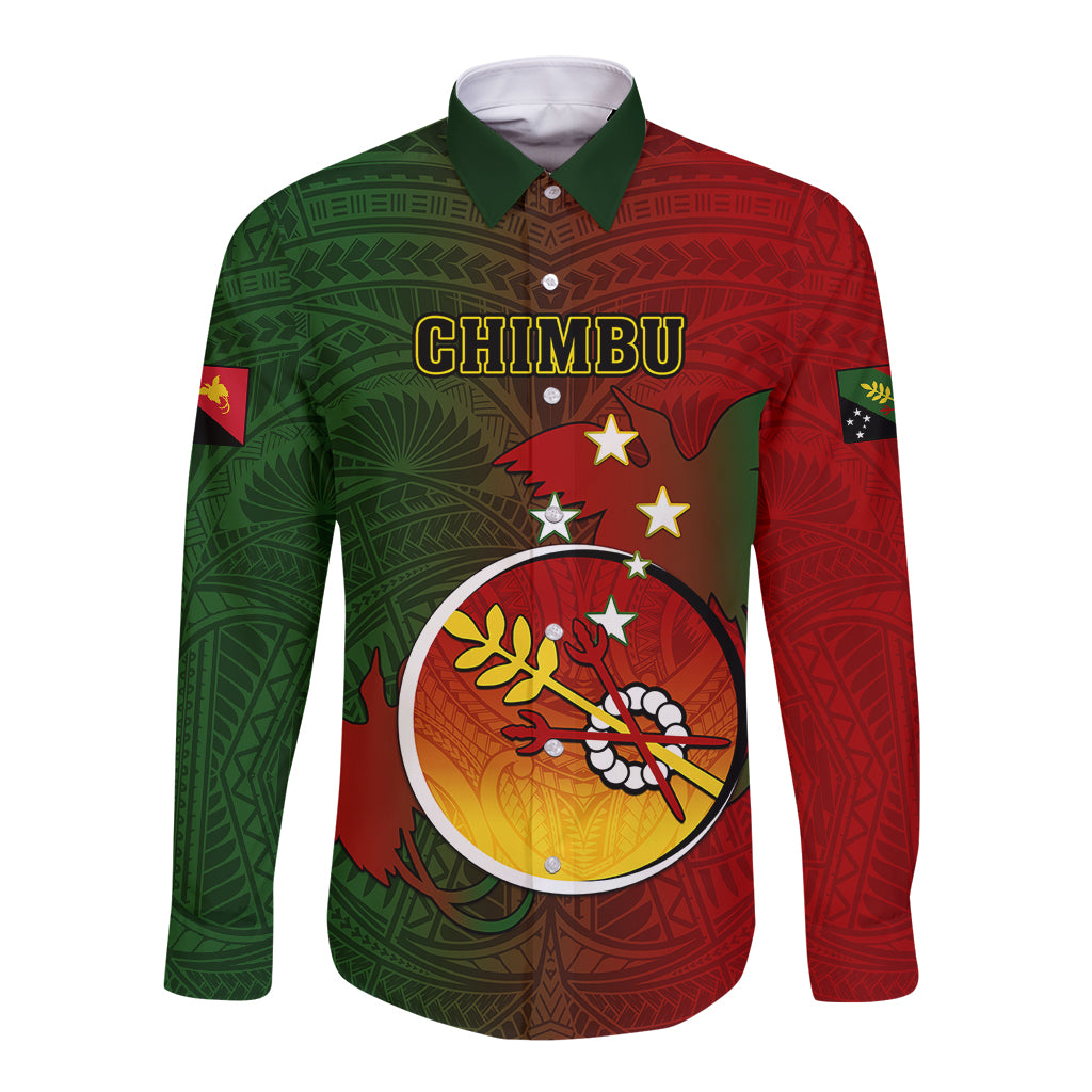 Papua New Guinea Chimbu Province Long Sleeve Button Shirt Mix Coat Of Arms Polynesian Pattern LT05 Unisex Red - Polynesian Pride