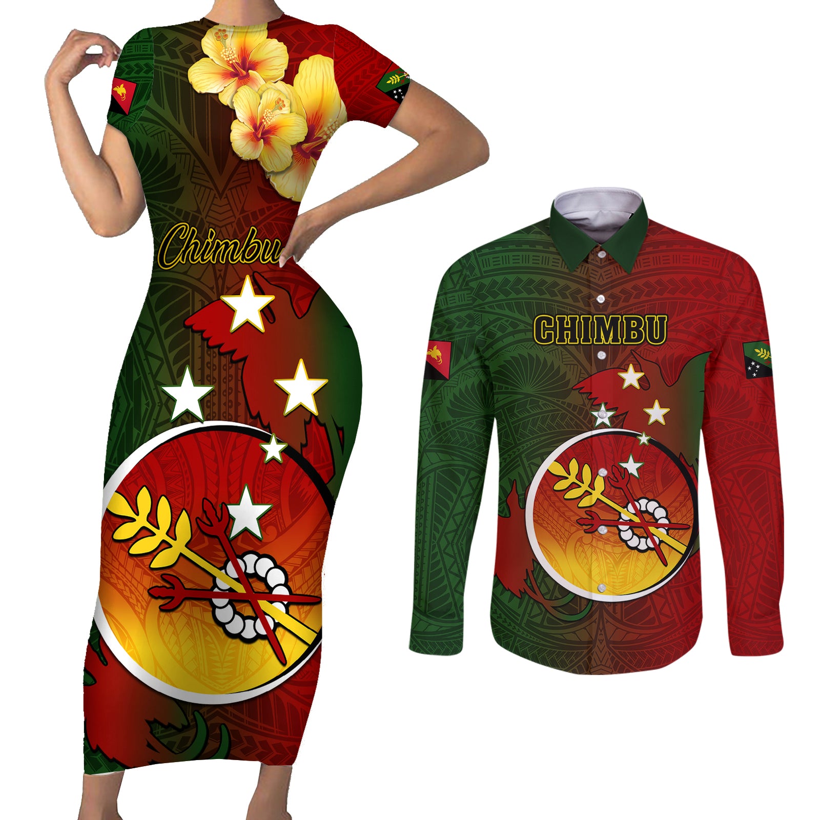 Personalized Papua New Guinea Chimbu Province Couples Matching Short Sleeve Bodycon Dress and Long Sleeve Button Shirts Mix Coat Of Arms Polynesian Pattern LT05 Red - Polynesian Pride