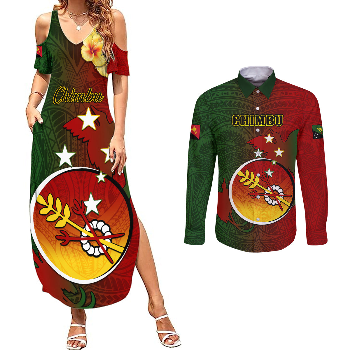 Personalized Papua New Guinea Chimbu Province Couples Matching Summer Maxi Dress and Long Sleeve Button Shirts Mix Coat Of Arms Polynesian Pattern LT05 Red - Polynesian Pride