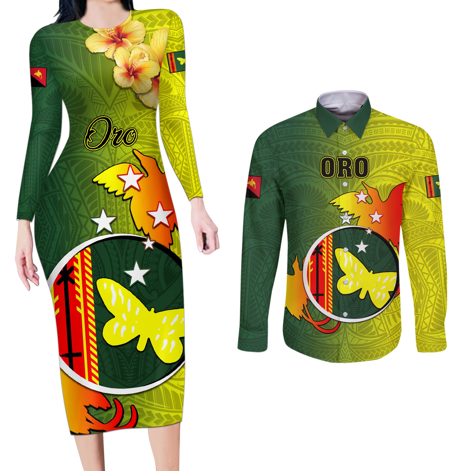 Papua New Guinea Oro Province Couples Matching Long Sleeve Bodycon Dress and Long Sleeve Button Shirts Mix Coat Of Arms Polynesian Pattern LT05 Yellow - Polynesian Pride