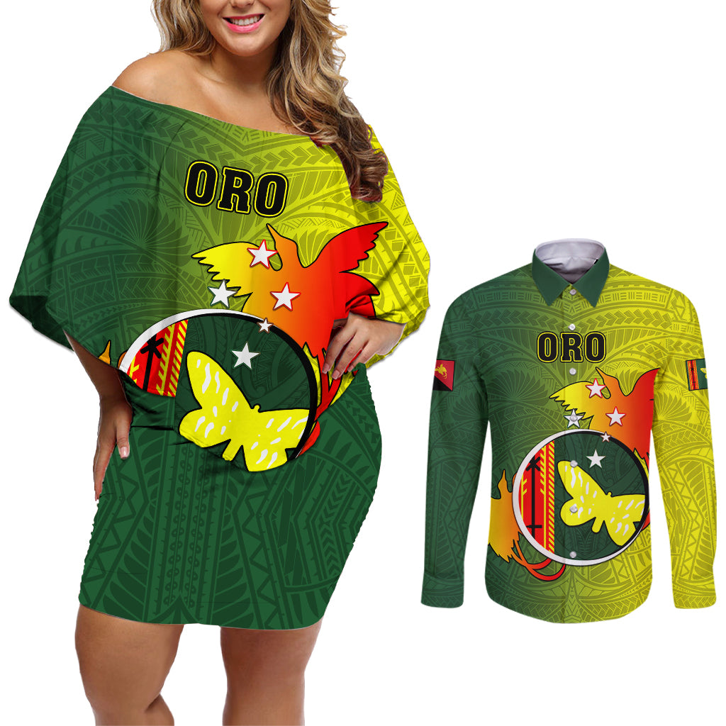 Papua New Guinea Oro Province Couples Matching Off Shoulder Short Dress and Long Sleeve Button Shirts Mix Coat Of Arms Polynesian Pattern LT05 Yellow - Polynesian Pride