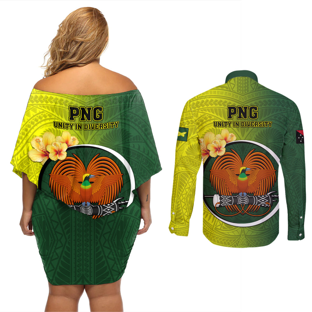 Papua New Guinea Oro Province Couples Matching Off Shoulder Short Dress and Long Sleeve Button Shirts Mix Coat Of Arms Polynesian Pattern LT05 - Polynesian Pride