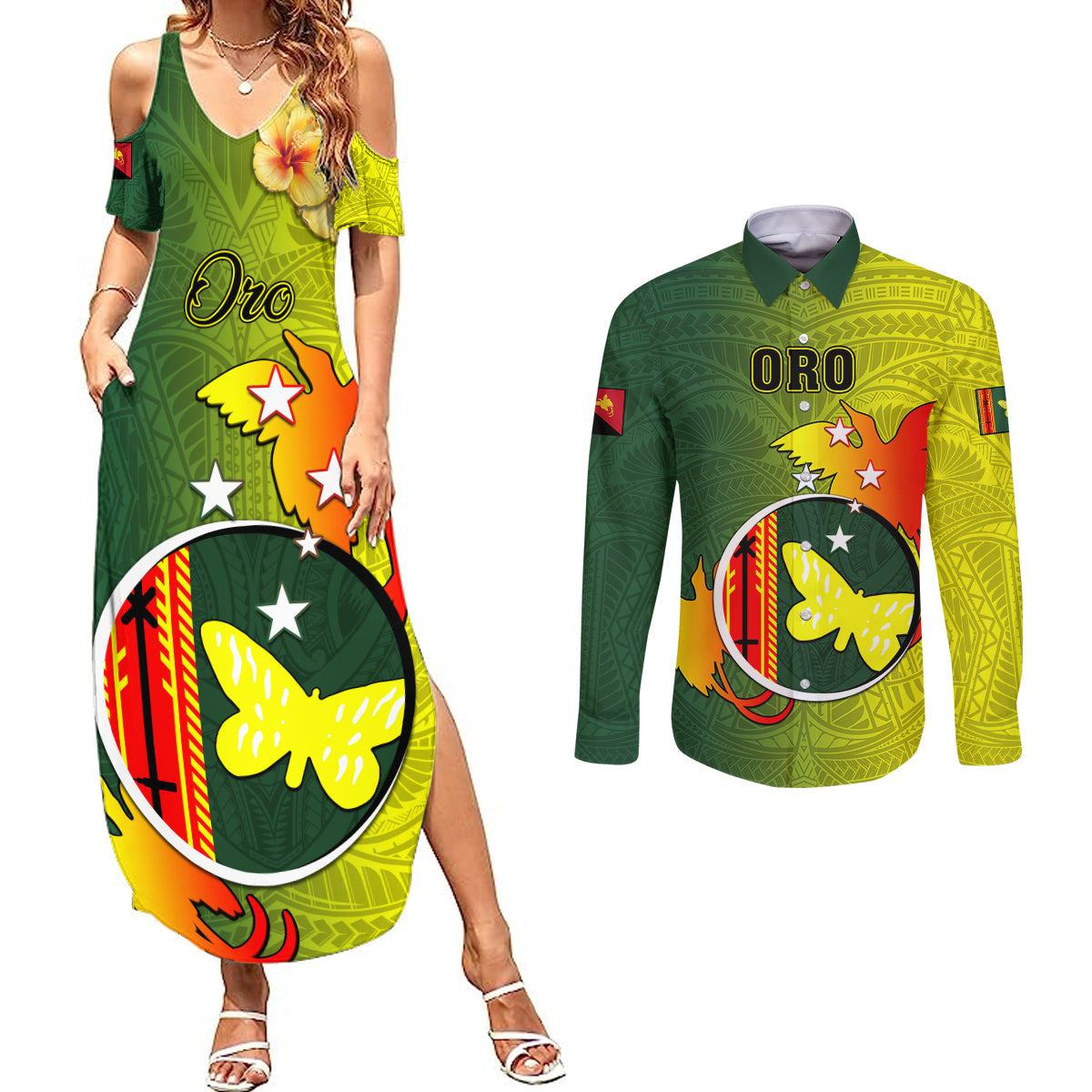 Papua New Guinea Oro Province Couples Matching Summer Maxi Dress and Long Sleeve Button Shirts Mix Coat Of Arms Polynesian Pattern LT05 Yellow - Polynesian Pride