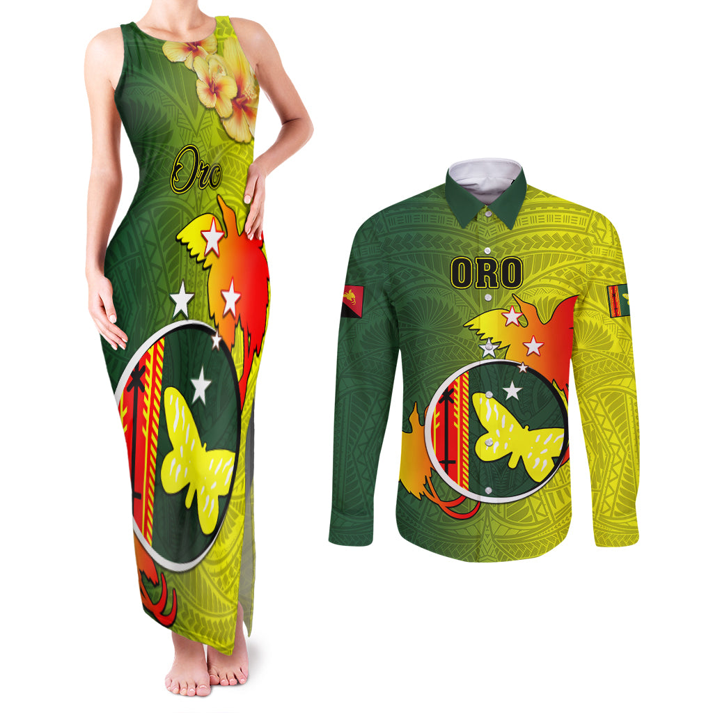 Papua New Guinea Oro Province Couples Matching Tank Maxi Dress and Long Sleeve Button Shirts Mix Coat Of Arms Polynesian Pattern LT05 Yellow - Polynesian Pride