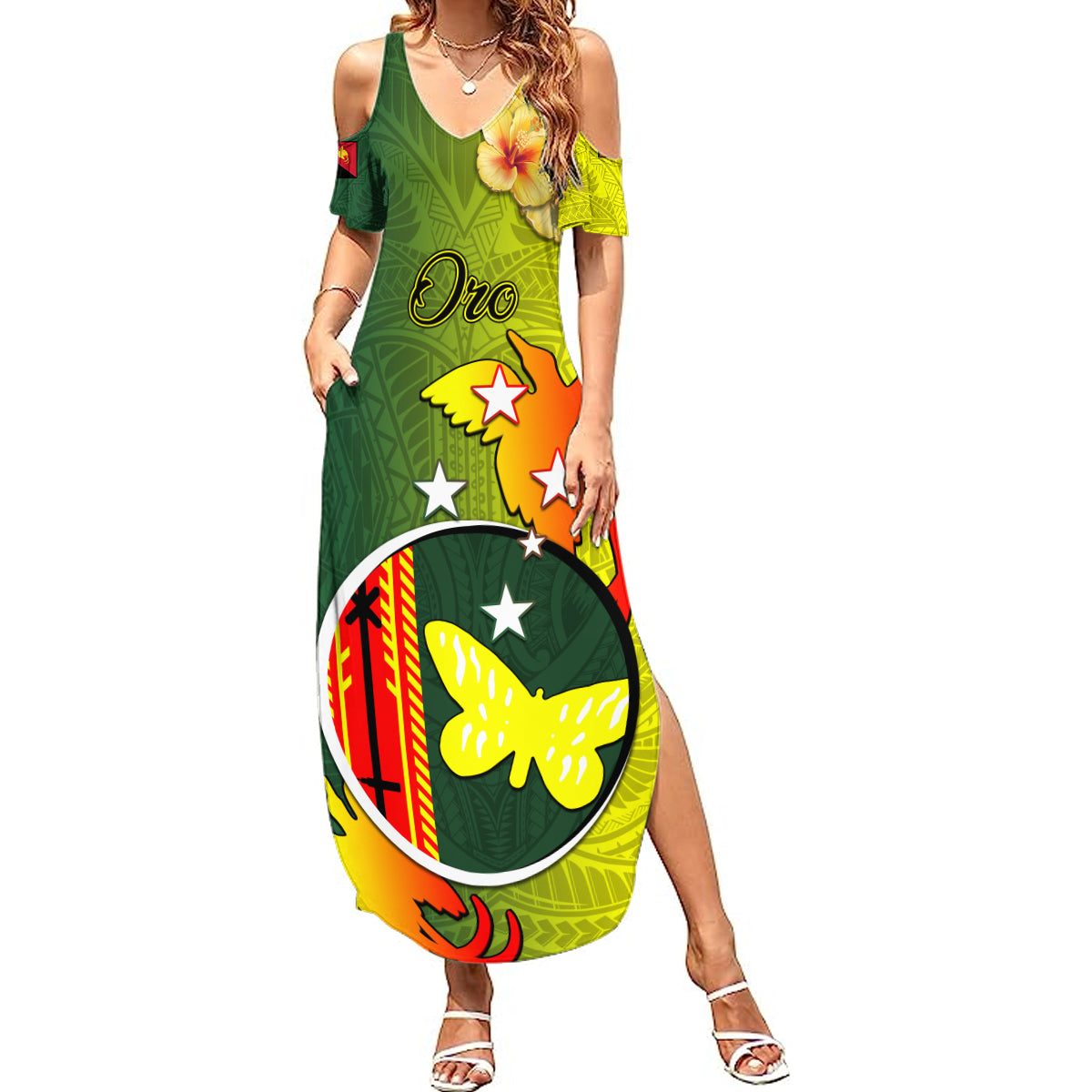 Papua New Guinea Oro Province Summer Maxi Dress Mix Coat Of Arms Polynesian Pattern LT05 Women Yellow - Polynesian Pride