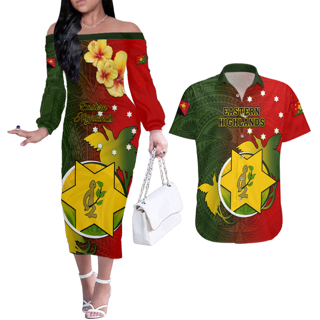 Papua New Guinea Eastern Highlands Province Couples Matching Off The Shoulder Long Sleeve Dress and Hawaiian Shirt Mix Coat Of Arms Polynesian Pattern LT05 Red - Polynesian Pride