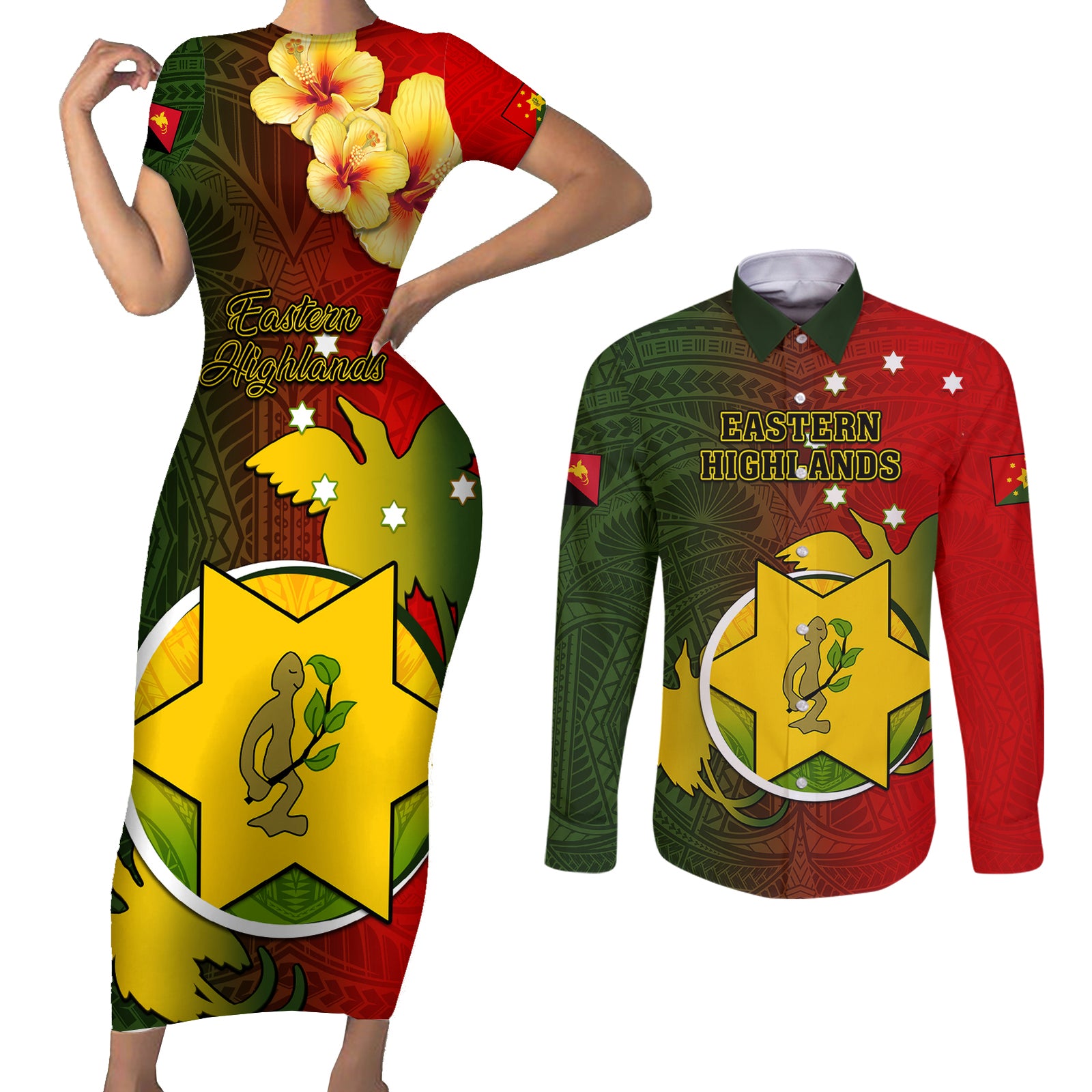 Papua New Guinea Eastern Highlands Province Couples Matching Short Sleeve Bodycon Dress and Long Sleeve Button Shirts Mix Coat Of Arms Polynesian Pattern LT05 Red - Polynesian Pride