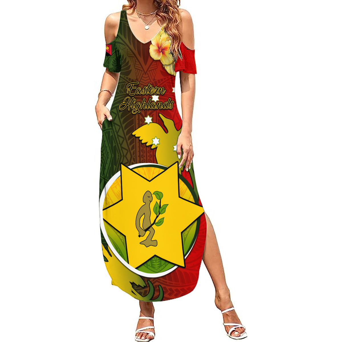 Papua New Guinea Eastern Highlands Province Summer Maxi Dress Mix Coat Of Arms Polynesian Pattern LT05 Women Red - Polynesian Pride