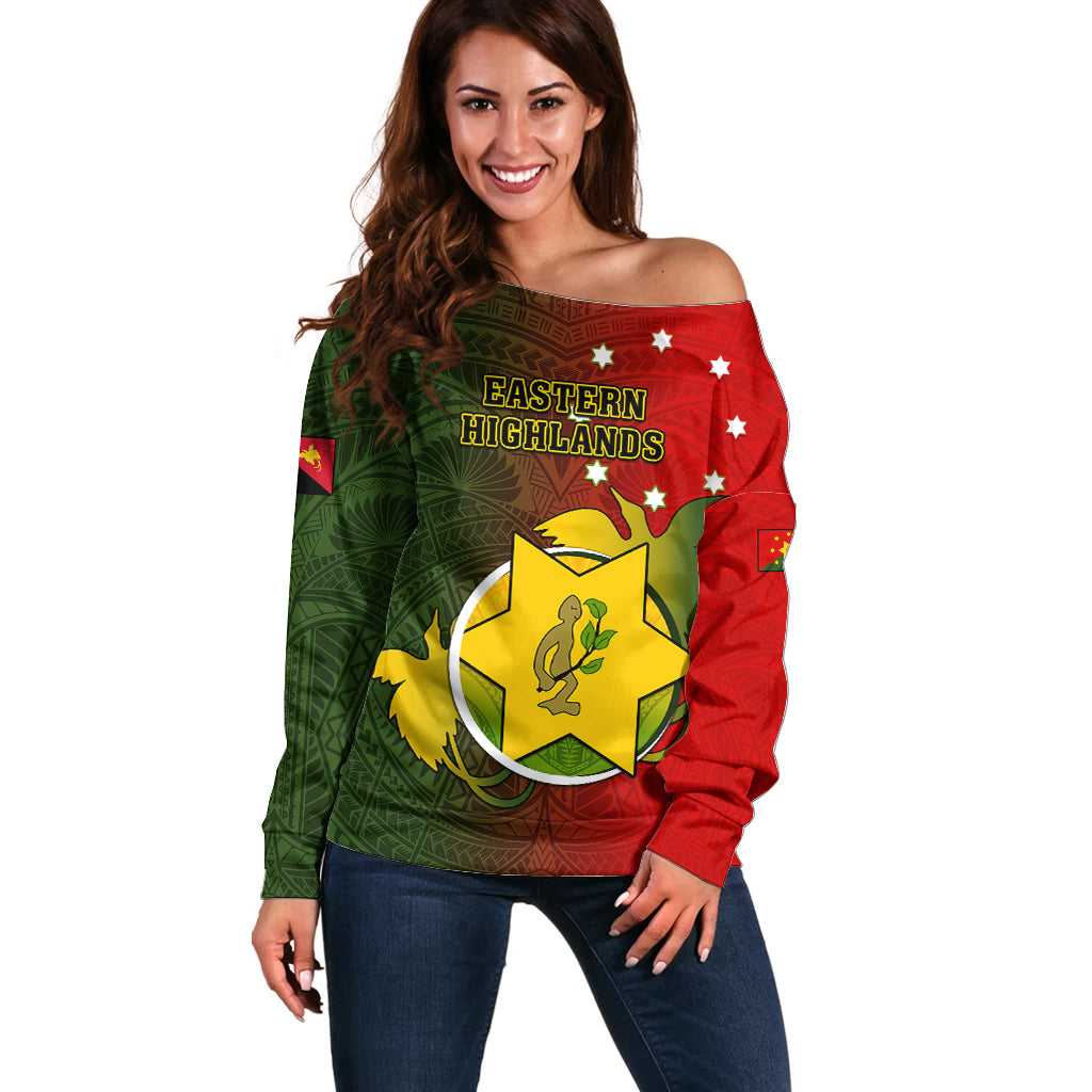 Personalized Papua New Guinea Eastern Highlands Province Off Shoulder Sweater Mix Coat Of Arms Polynesian Pattern LT05 Women Red - Polynesian Pride