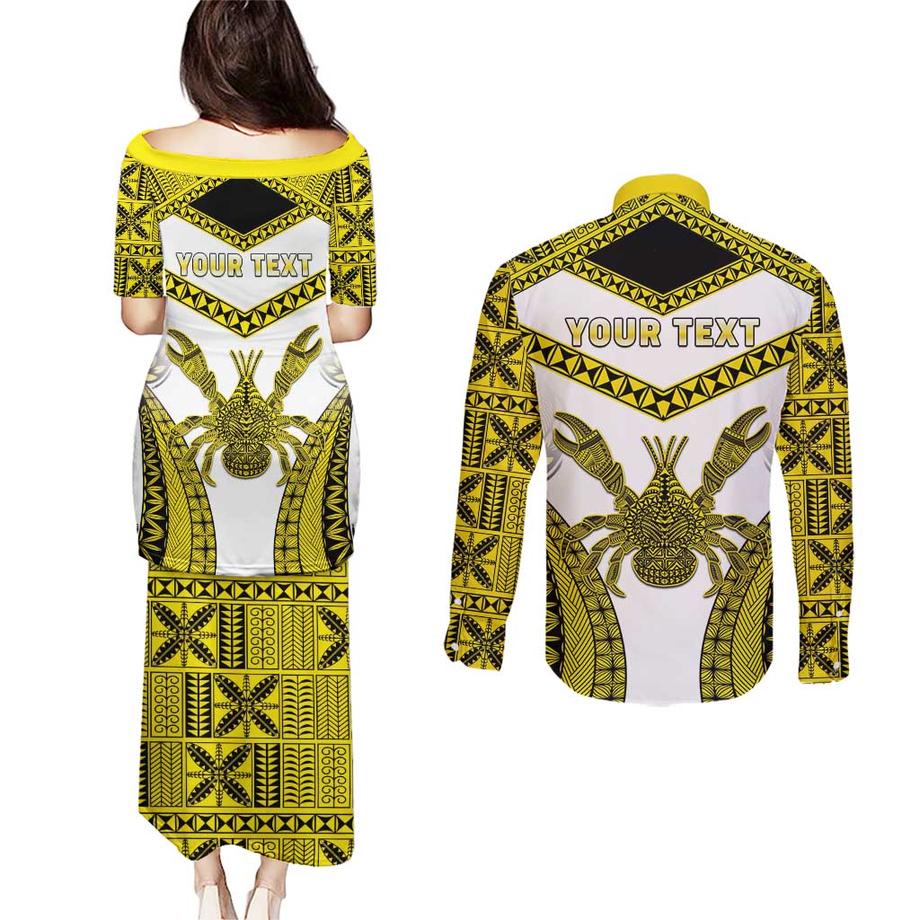 Personalised Niue The Rock Of Polynesia Couples Matching Puletasi and Long Sleeve Button Shirt Peniamina Gospel Day Yellow Version