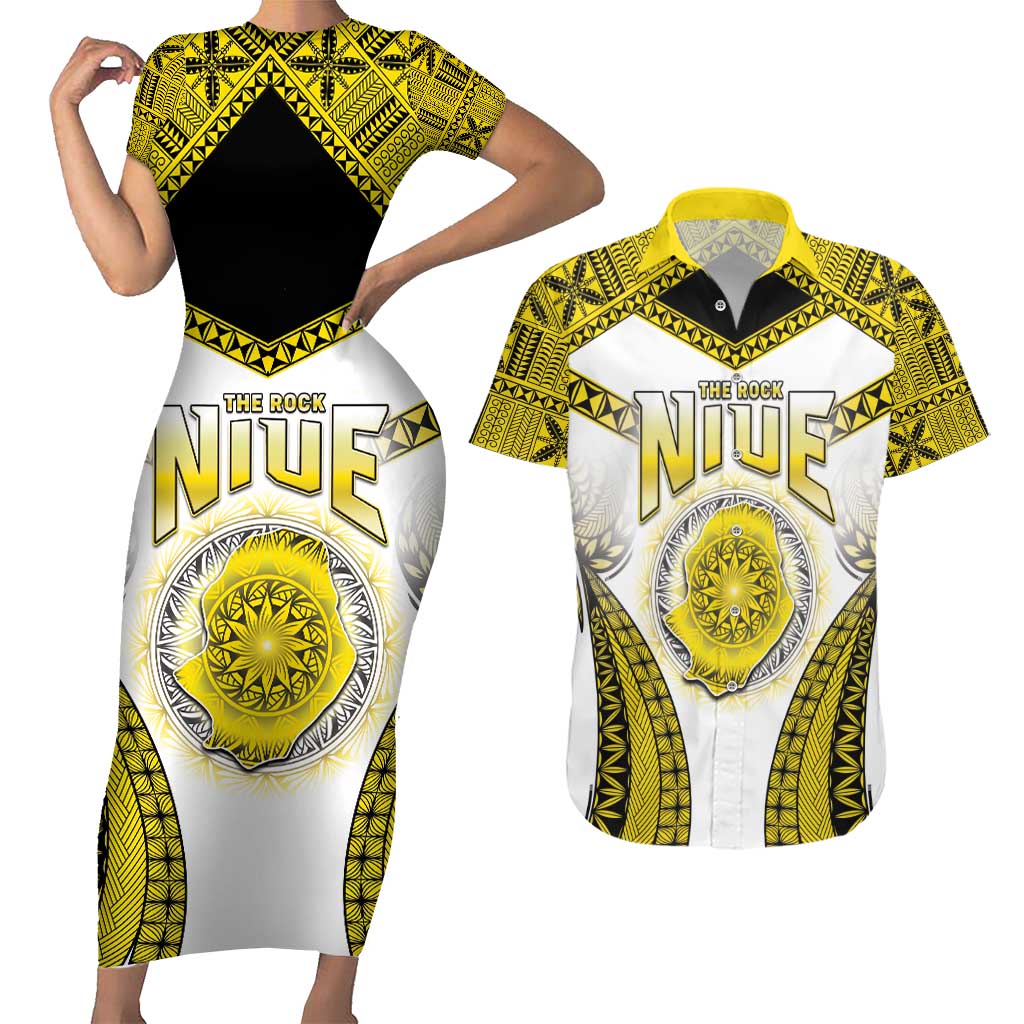 Personalised Niue The Rock Of Polynesia Couples Matching Short Sleeve Bodycon Dress and Hawaiian Shirt Peniamina Gospel Day Yellow Version