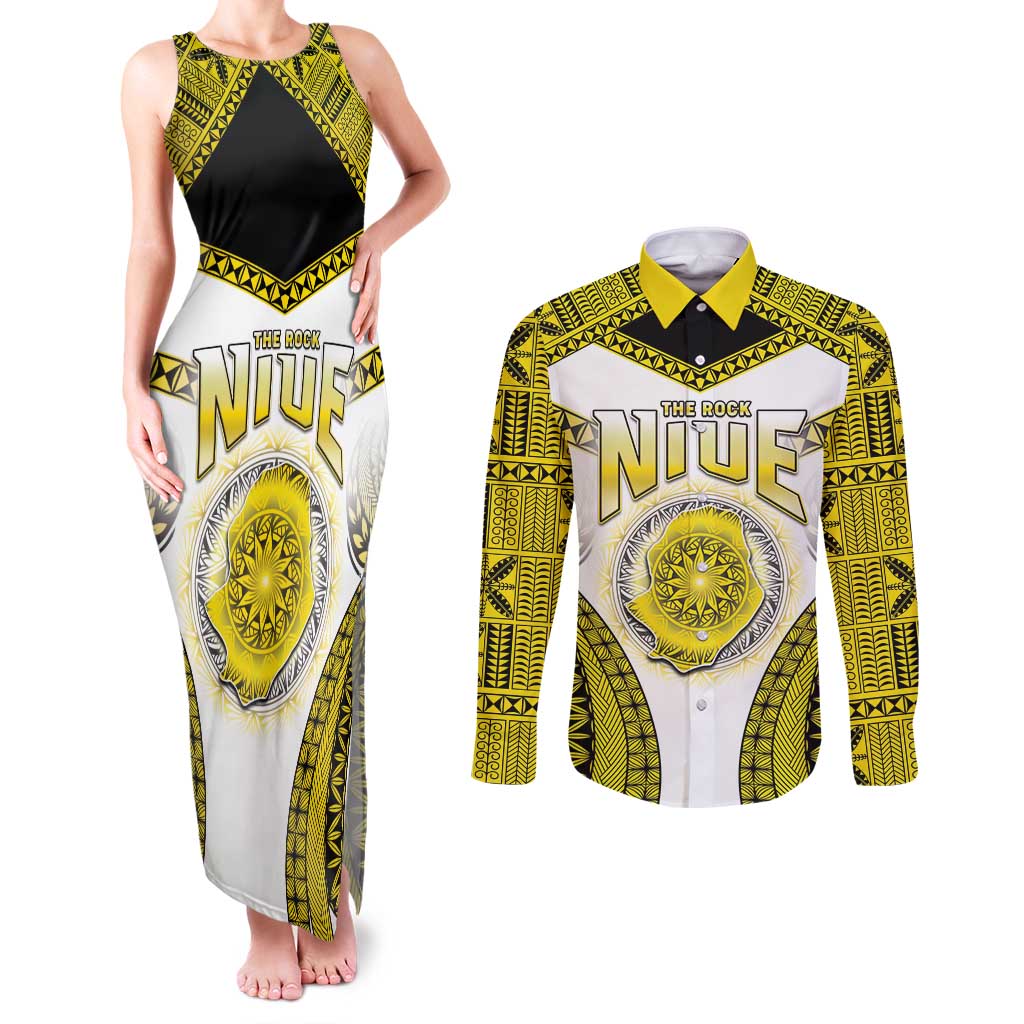 Personalised Niue The Rock Of Polynesia Couples Matching Tank Maxi Dress and Long Sleeve Button Shirt Peniamina Gospel Day Yellow Version