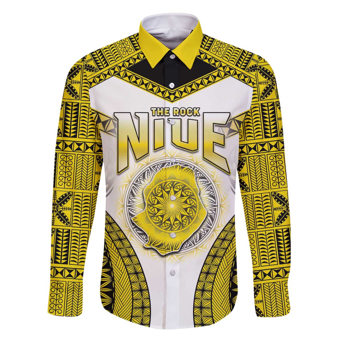 Personalised Niue The Rock Of Polynesia Family Matching Off The Shoulder Long Sleeve Dress and Hawaiian Shirt Peniamina Gospel Day Yellow Version