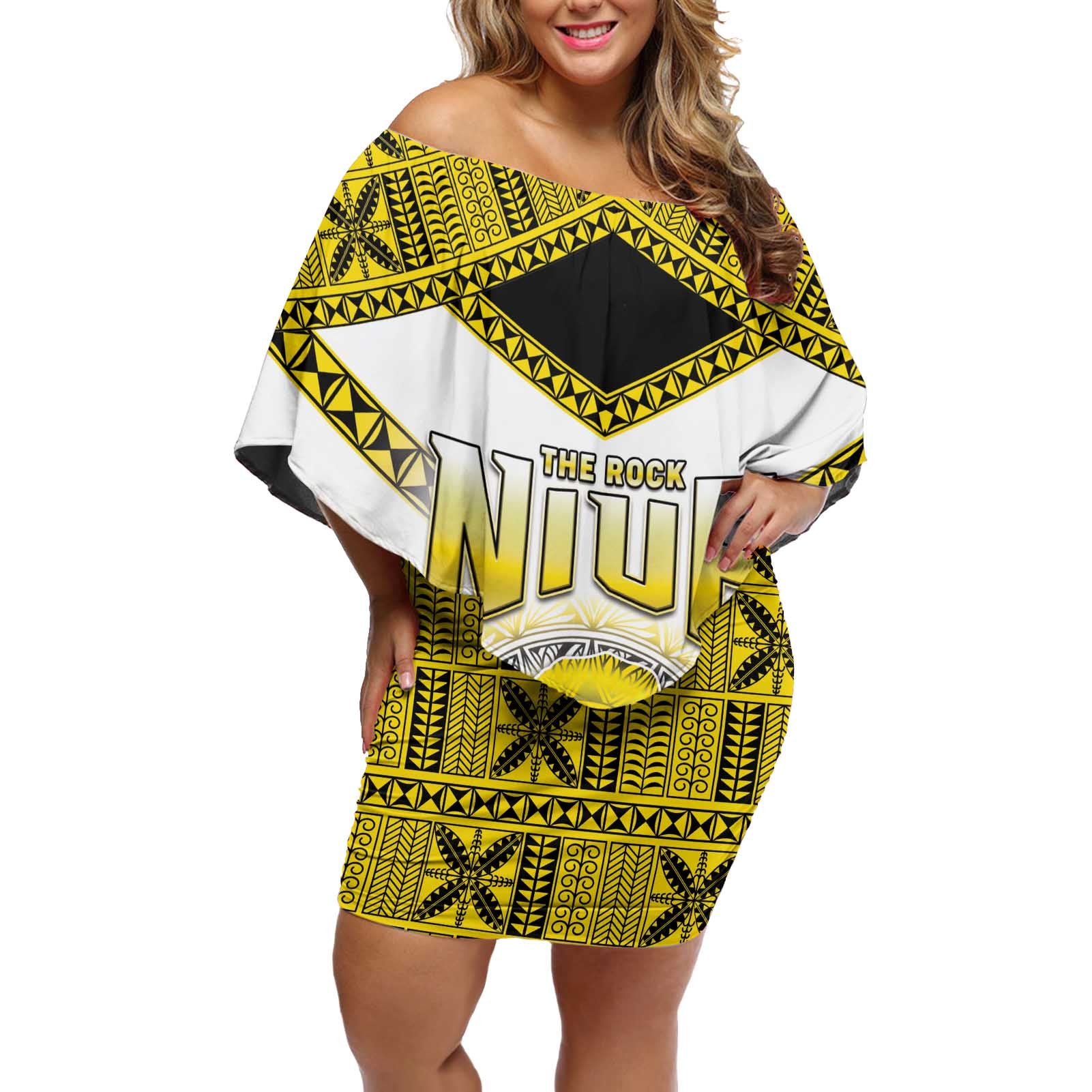 Personalised Niue The Rock Of Polynesia Off Shoulder Short Dress Peniamina Gospel Day Yellow Version