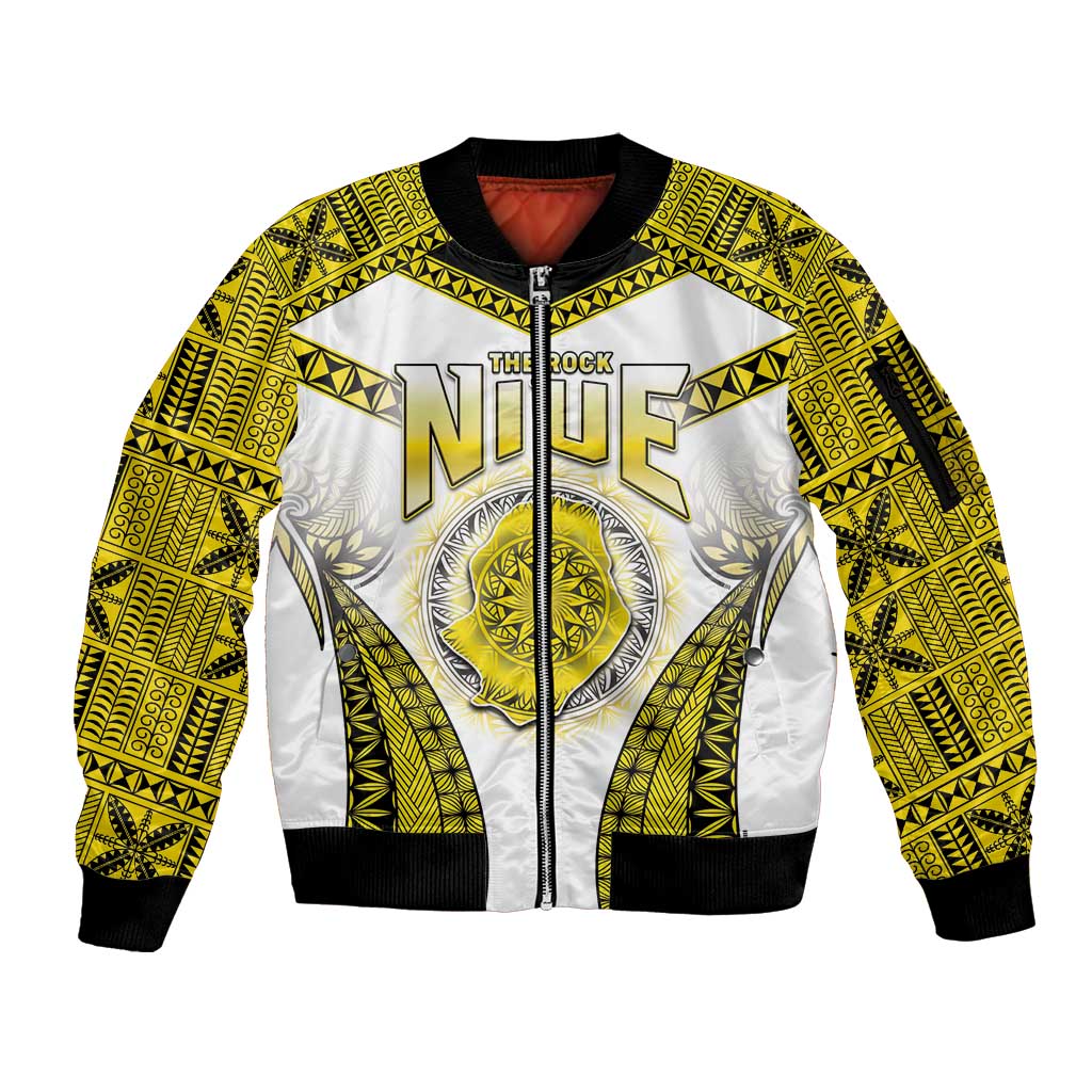 Personalised Niue The Rock Of Polynesia Sleeve Zip Bomber Jacket Peniamina Gospel Day Yellow Version