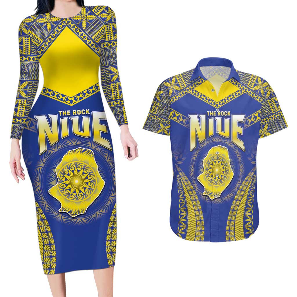 Personalised Niue The Rock Of Polynesia Couples Matching Long Sleeve Bodycon Dress and Hawaiian Shirt Peniamina Gospel Day Blue Version