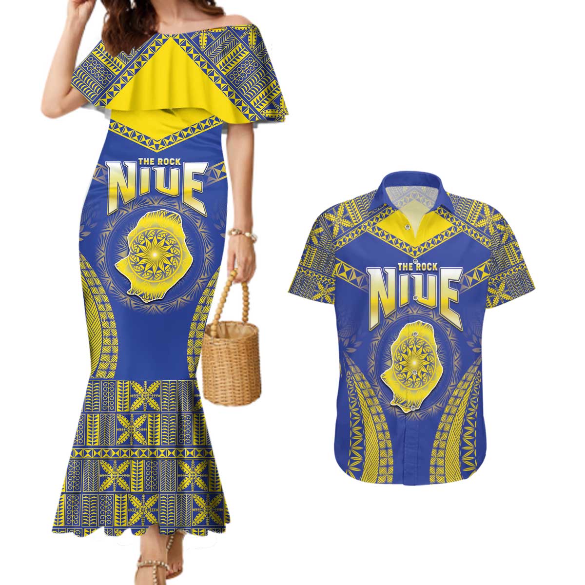 Personalised Niue The Rock Of Polynesia Couples Matching Mermaid Dress and Hawaiian Shirt Peniamina Gospel Day Blue Version