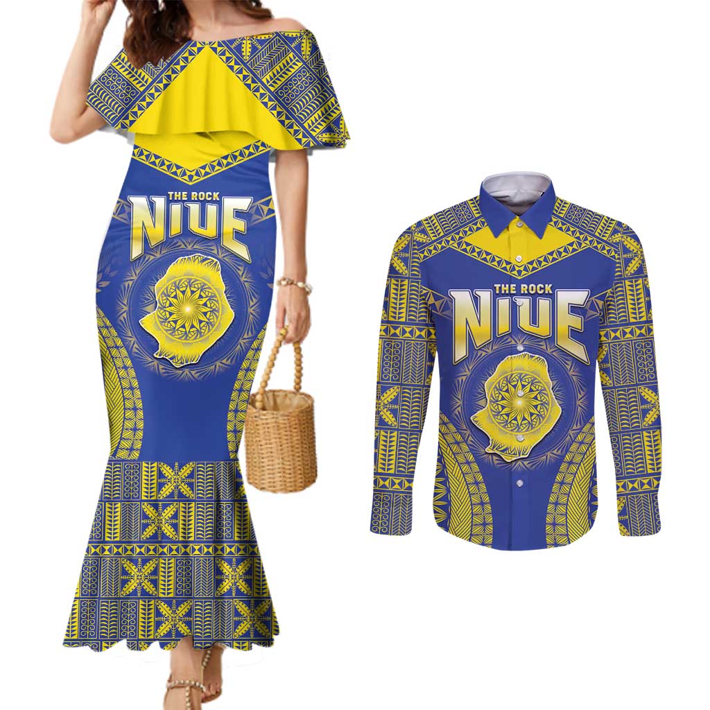 Personalised Niue The Rock Of Polynesia Couples Matching Mermaid Dress and Long Sleeve Button Shirt Peniamina Gospel Day Blue Version