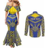 Personalised Niue The Rock Of Polynesia Couples Matching Mermaid Dress and Long Sleeve Button Shirt Peniamina Gospel Day Blue Version
