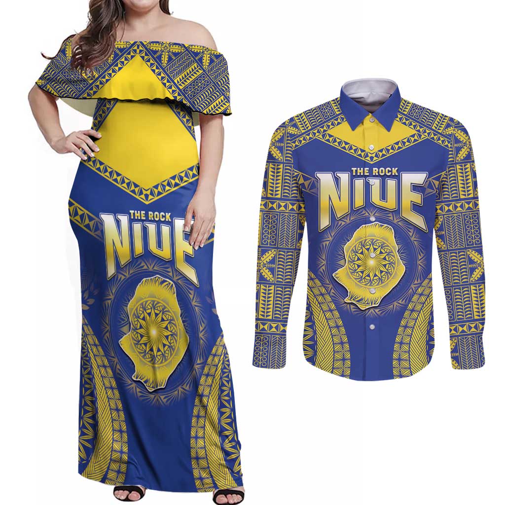 Personalised Niue The Rock Of Polynesia Couples Matching Off Shoulder Maxi Dress and Long Sleeve Button Shirt Peniamina Gospel Day Blue Version