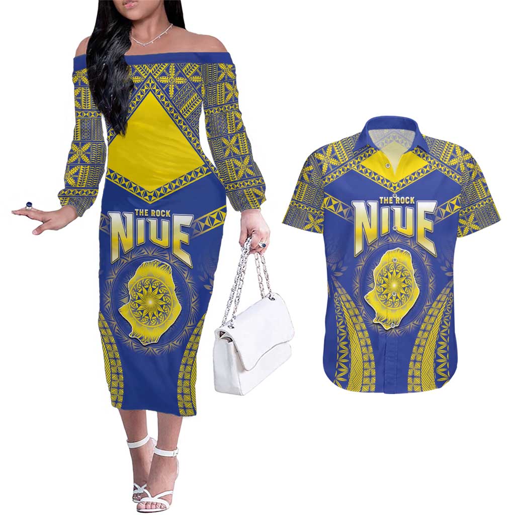 Personalised Niue The Rock Of Polynesia Couples Matching Off The Shoulder Long Sleeve Dress and Hawaiian Shirt Peniamina Gospel Day Blue Version