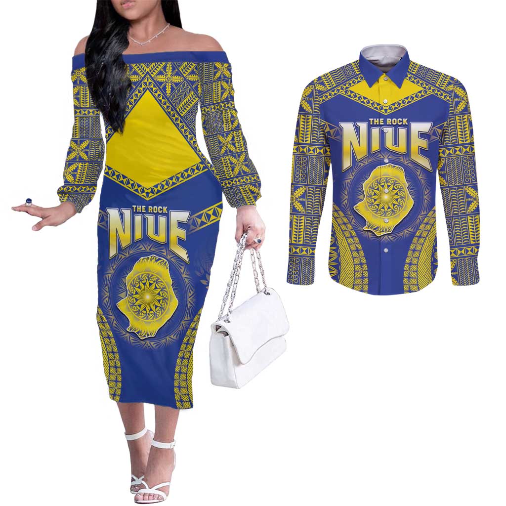 Personalised Niue The Rock Of Polynesia Couples Matching Off The Shoulder Long Sleeve Dress and Long Sleeve Button Shirt Peniamina Gospel Day Blue Version