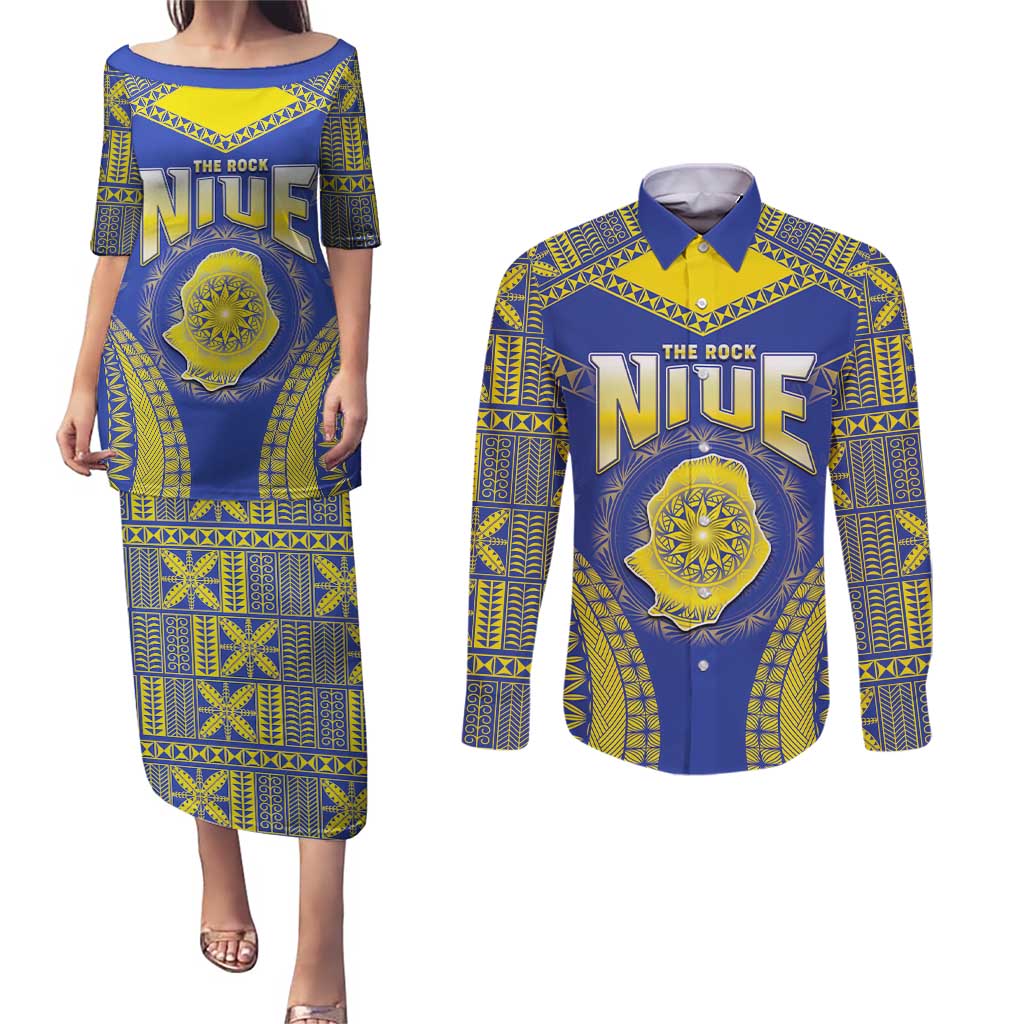 Personalised Niue The Rock Of Polynesia Couples Matching Puletasi and Long Sleeve Button Shirt Peniamina Gospel Day Blue Version