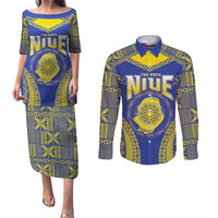 Personalised Niue The Rock Of Polynesia Couples Matching Puletasi and Long Sleeve Button Shirt Peniamina Gospel Day Blue Version