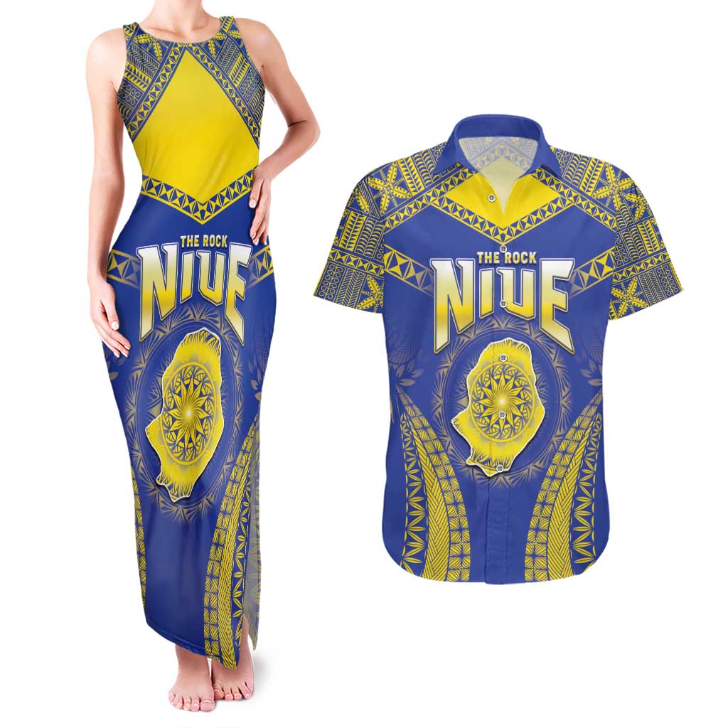 Personalised Niue The Rock Of Polynesia Couples Matching Tank Maxi Dress and Hawaiian Shirt Peniamina Gospel Day Blue Version