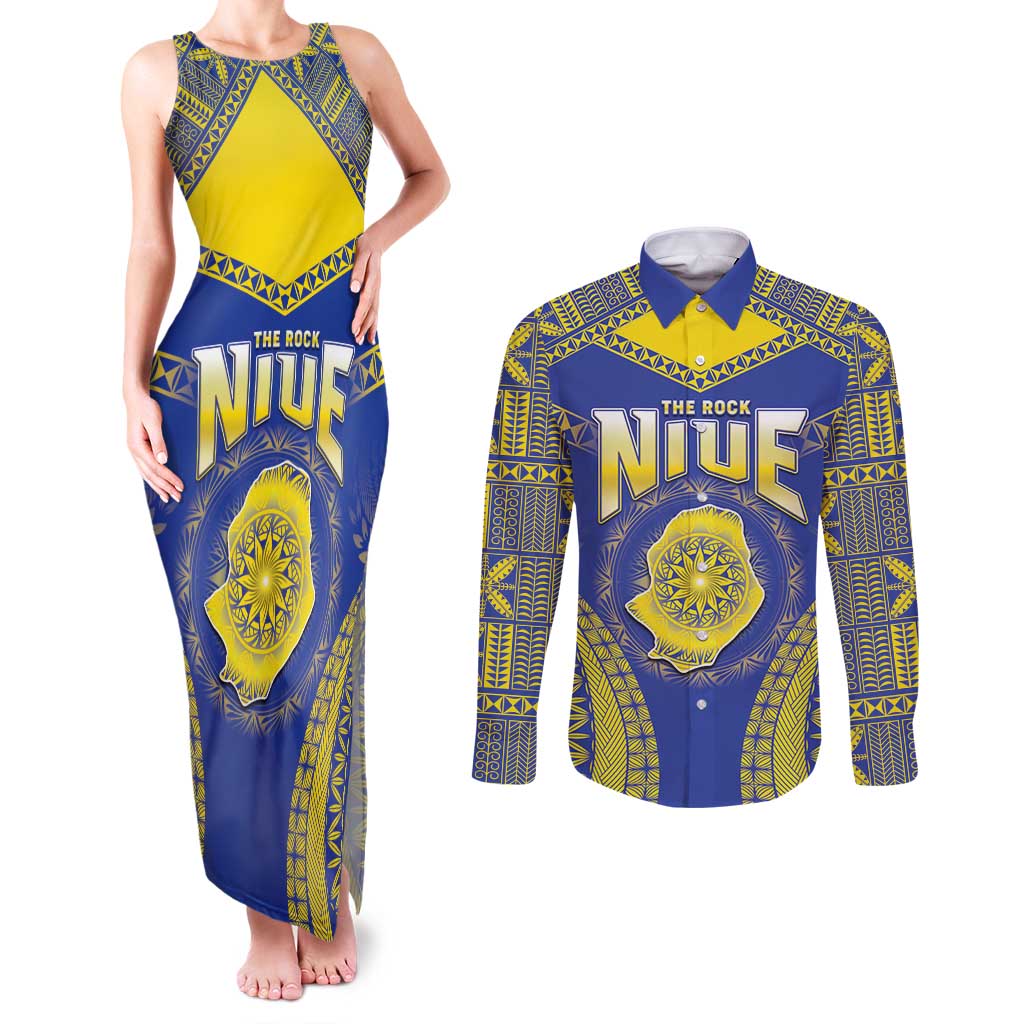 Personalised Niue The Rock Of Polynesia Couples Matching Tank Maxi Dress and Long Sleeve Button Shirt Peniamina Gospel Day Blue Version