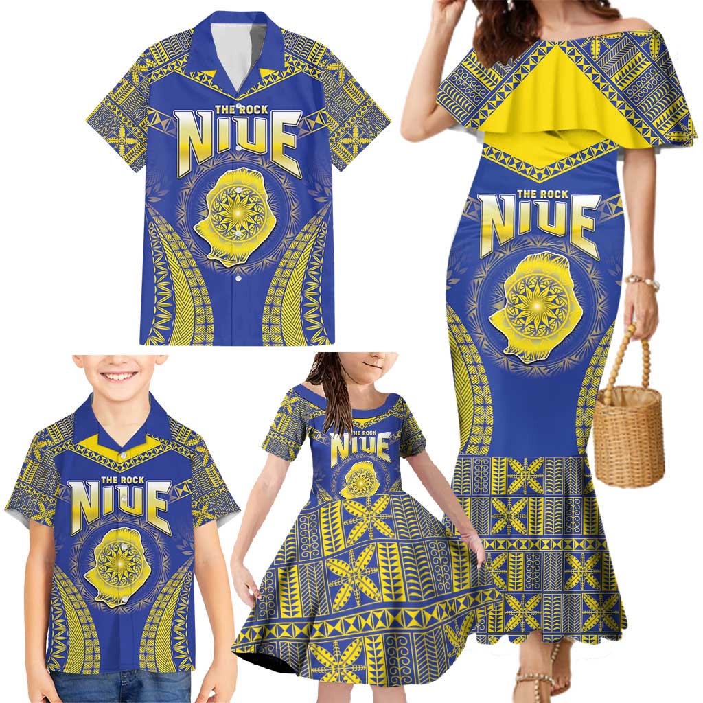 Personalised Niue The Rock Of Polynesia Family Matching Mermaid Dress and Hawaiian Shirt Peniamina Gospel Day Blue Version