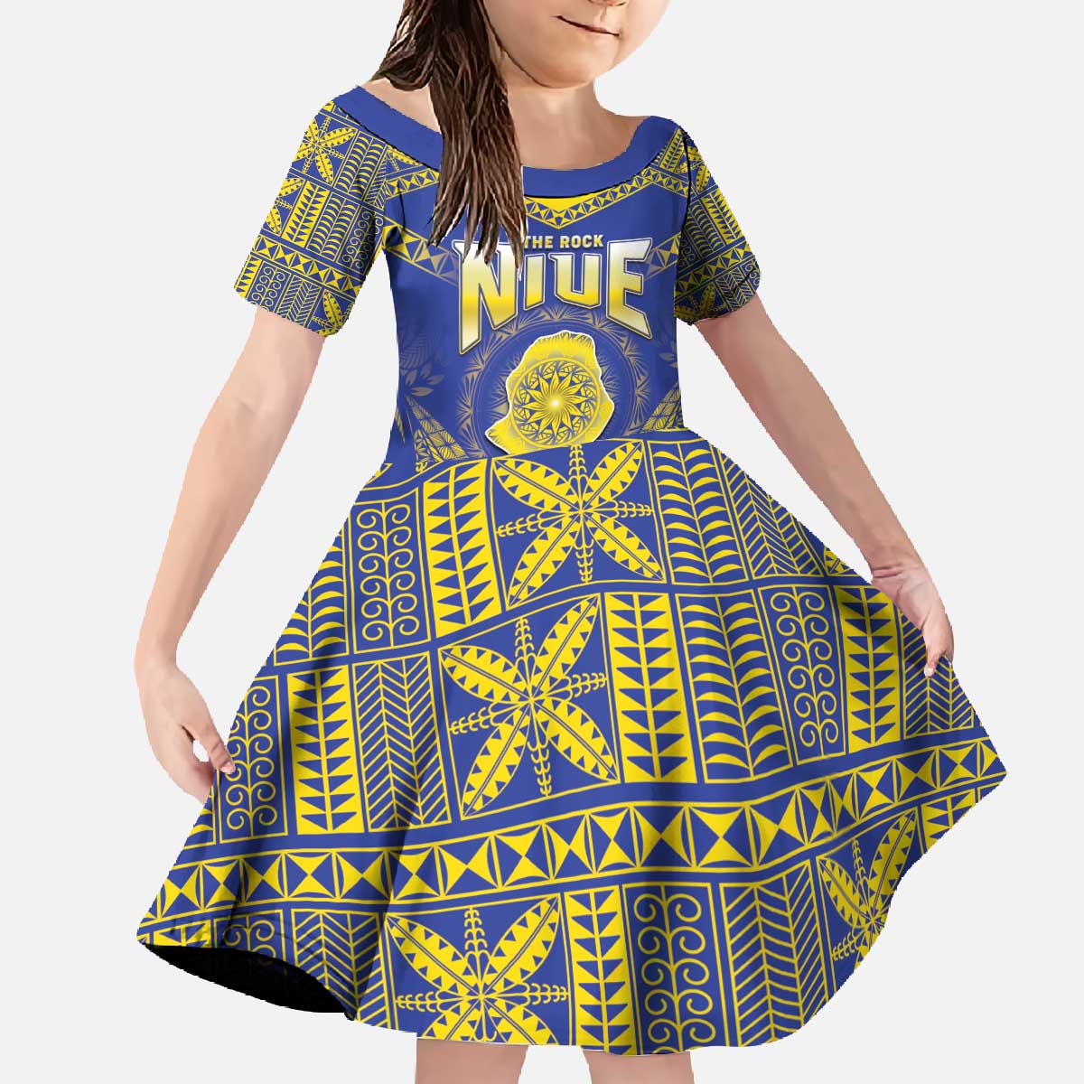 Personalised Niue The Rock Of Polynesia Family Matching Off The Shoulder Long Sleeve Dress and Hawaiian Shirt Peniamina Gospel Day Blue Version