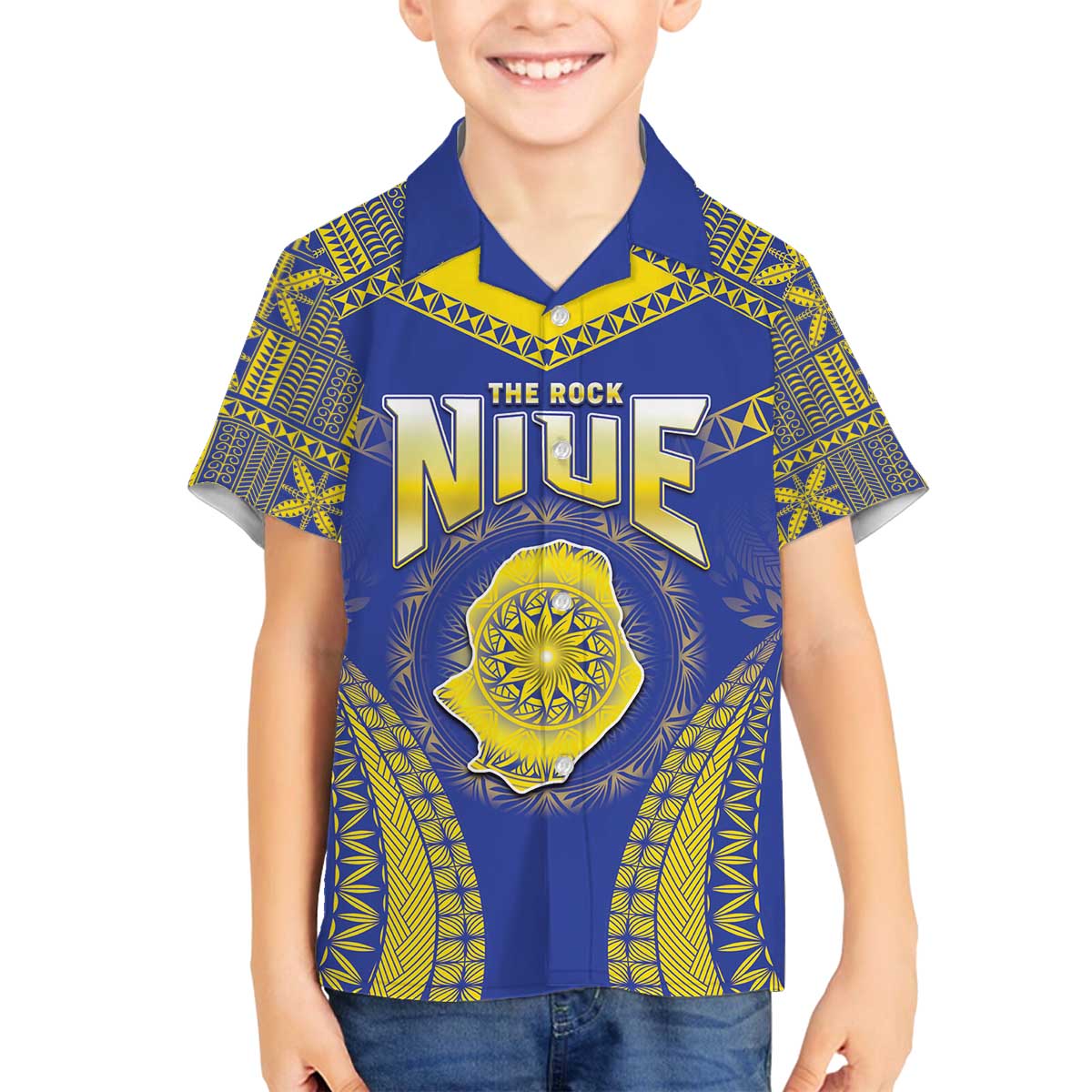 Personalised Niue The Rock Of Polynesia Family Matching Off The Shoulder Long Sleeve Dress and Hawaiian Shirt Peniamina Gospel Day Blue Version